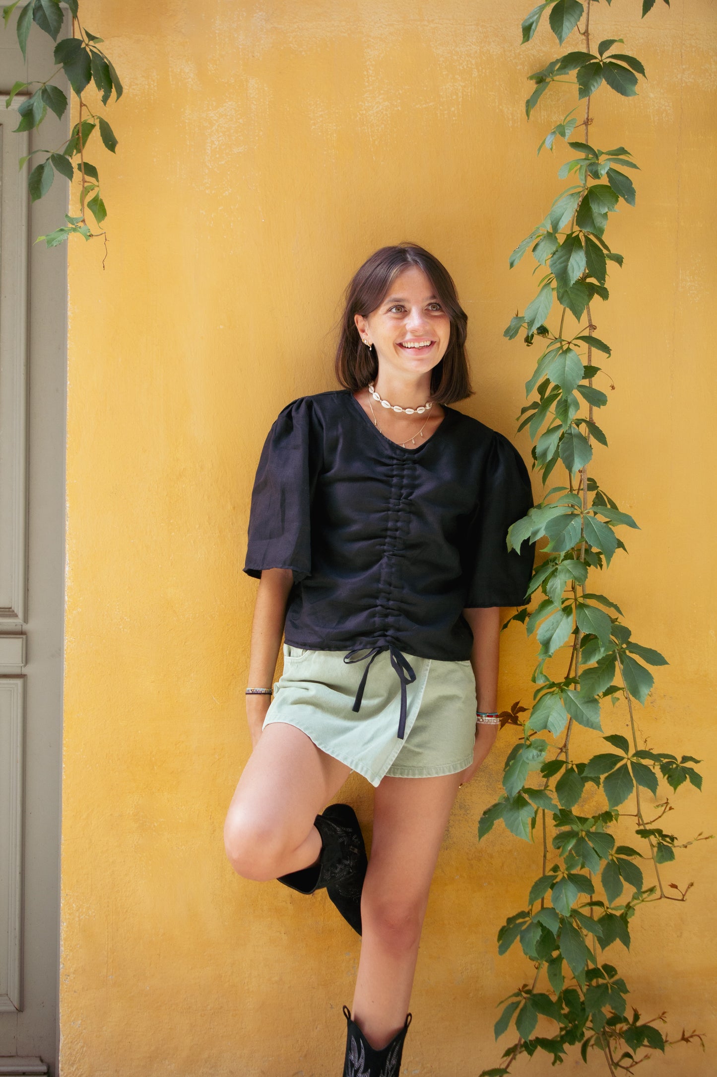 Black linen puff sleeve blouse