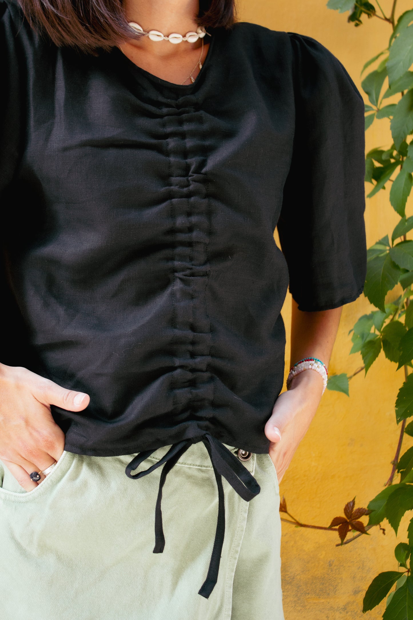 Black linen puff sleeve blouse