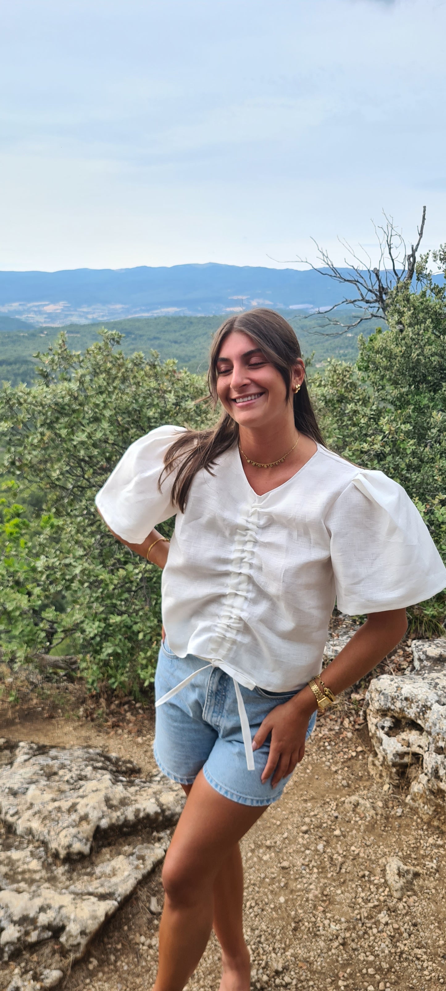White linen puff sleeve blouse