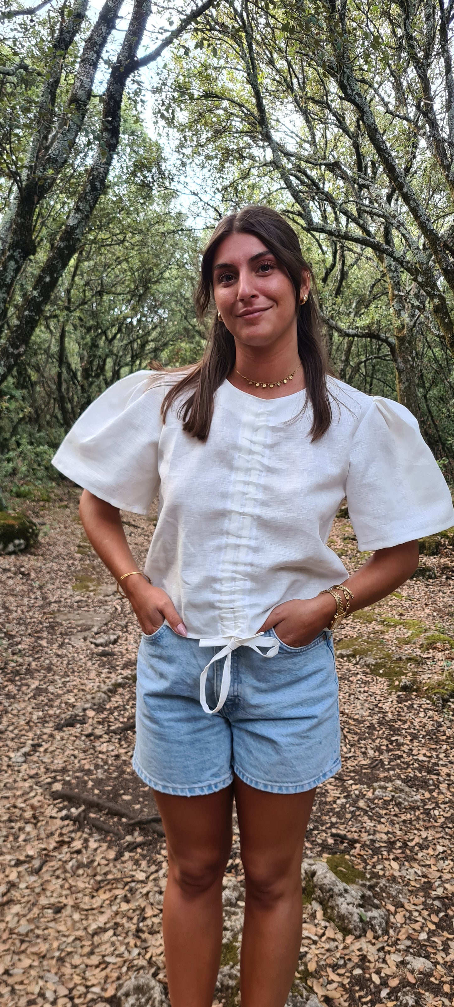 White linen puff sleeve blouse