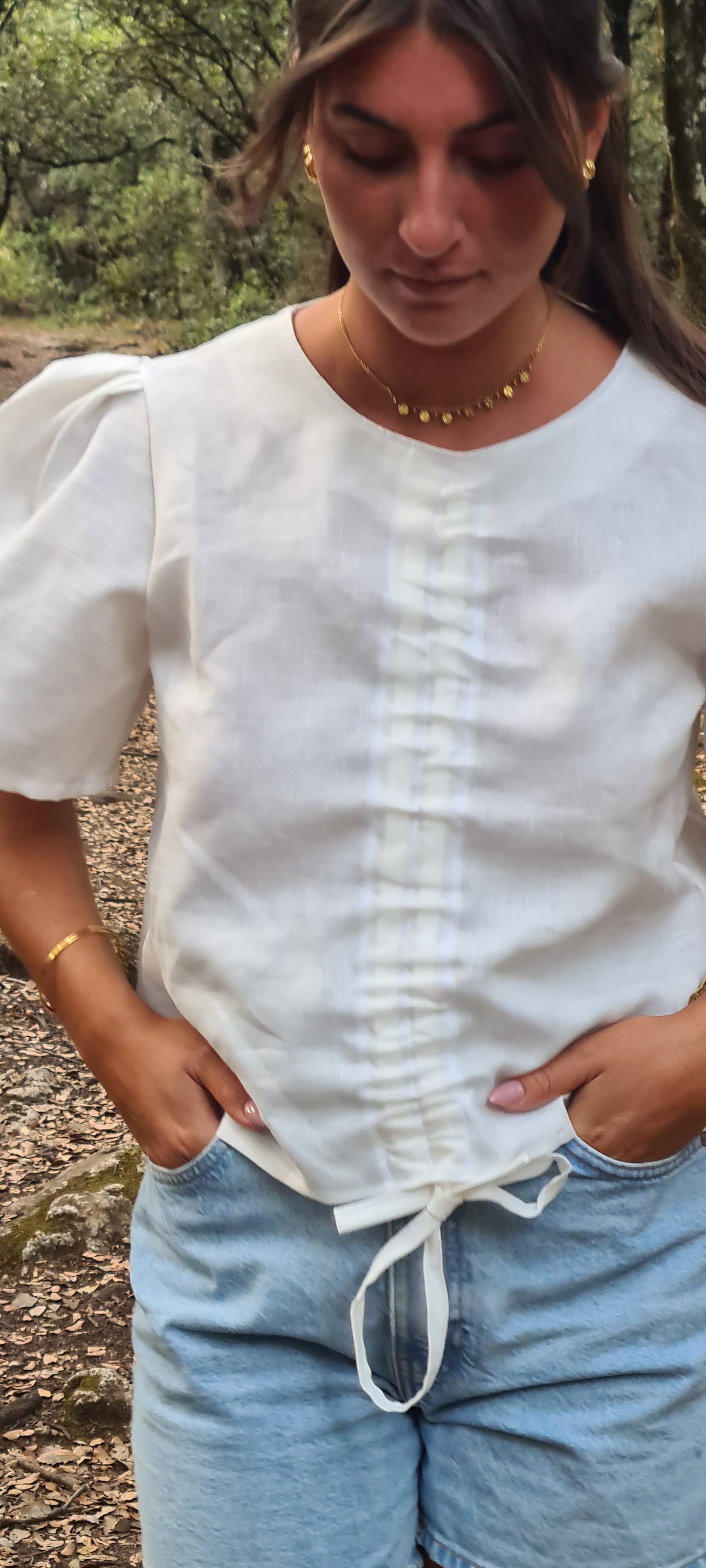 White linen puff sleeve blouse
