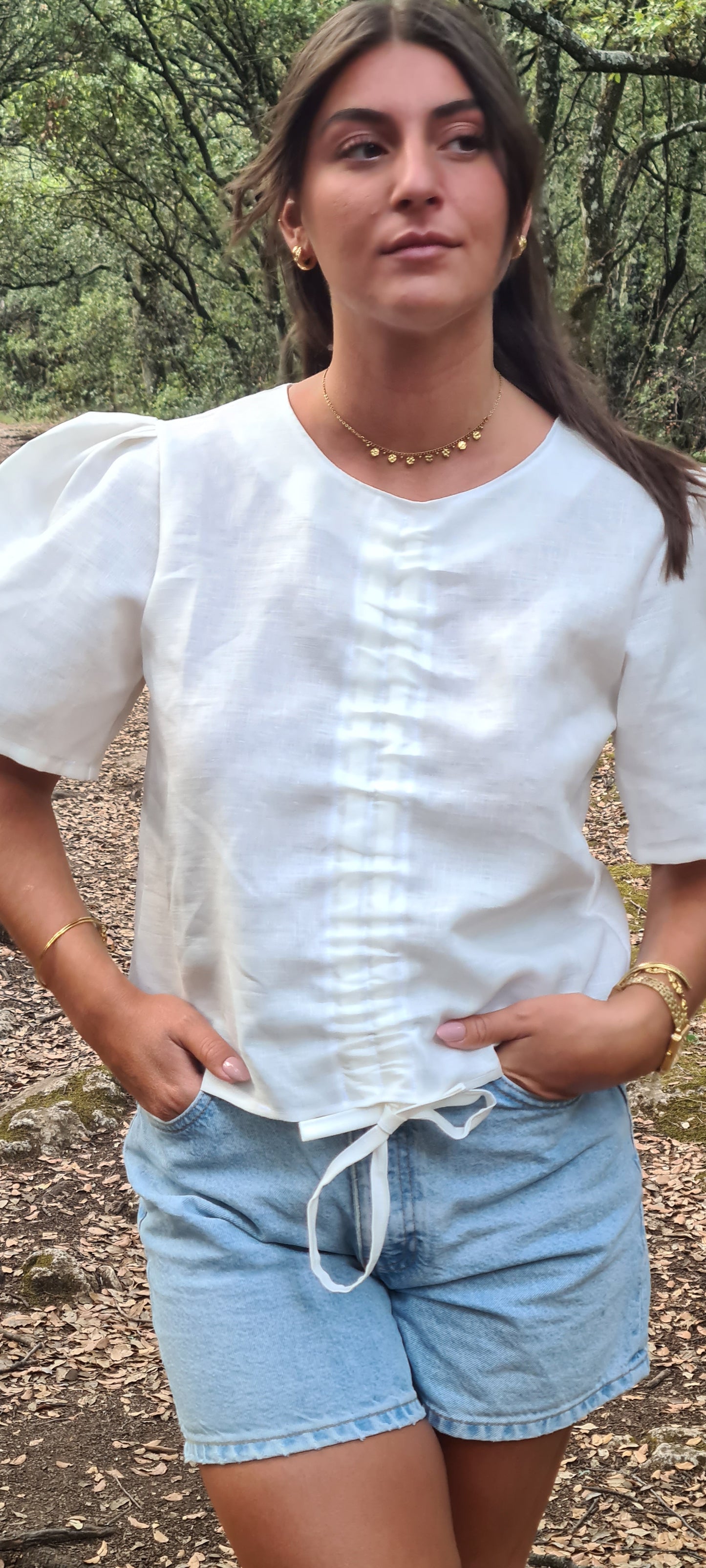 White linen puff sleeve blouse