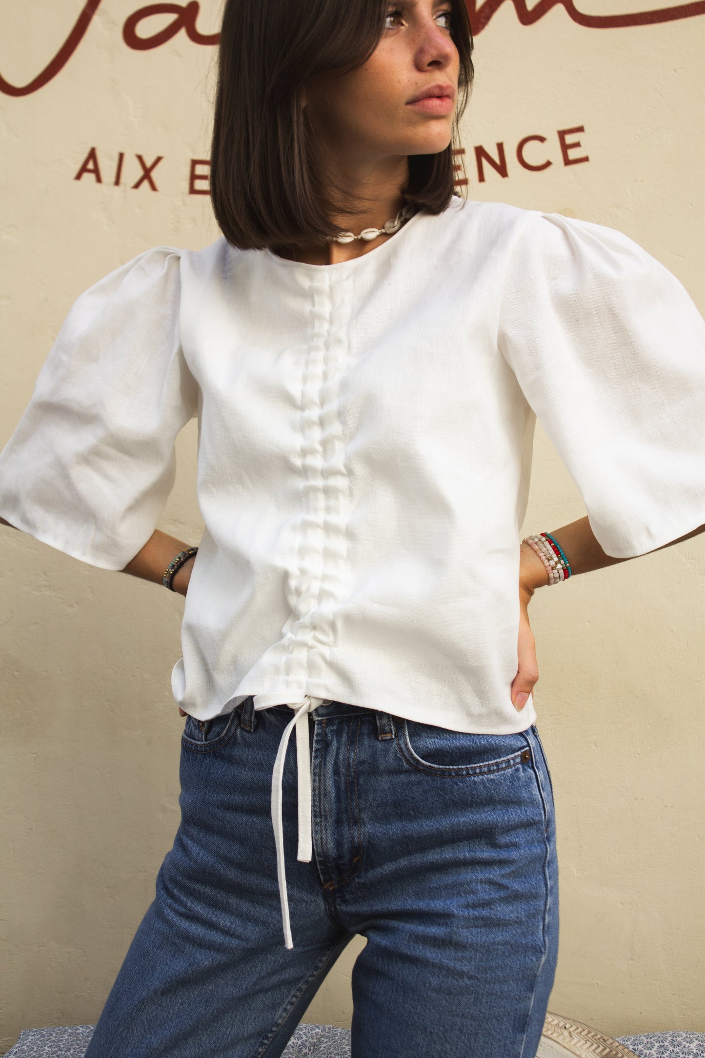 Blouse manches bouffantes lin blanc