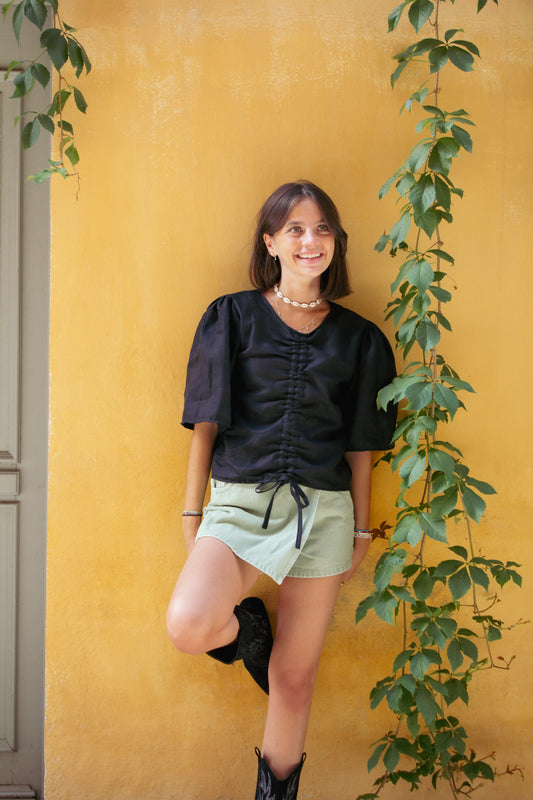 Blouse manches bouffantes lin noir