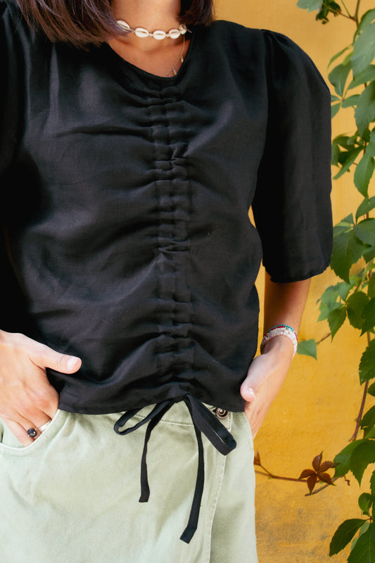 Blouse manches bouffantes lin noir